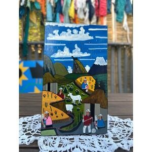 Vintage Andean‎ Village Painting on Animal Hide, Framed Folk Art